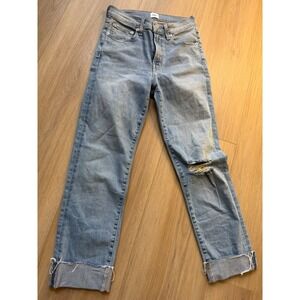 Edwin Bree High Rise Straight Leg Distressed Jeans Light Wash Blue Size 25